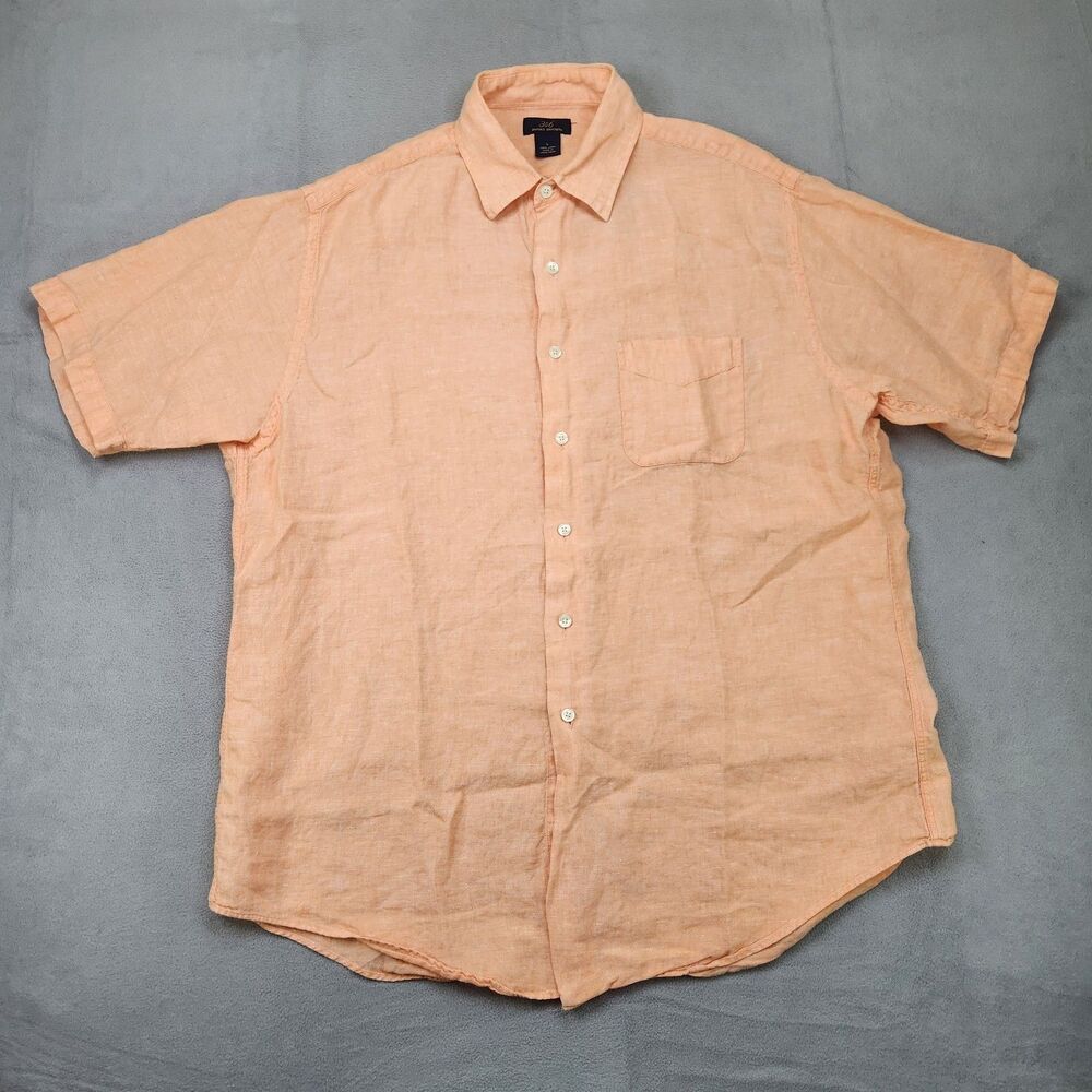Brooks Brothers 346 100% Linen Button Up Shirt Mens L Orange Short Sleeve Pocket